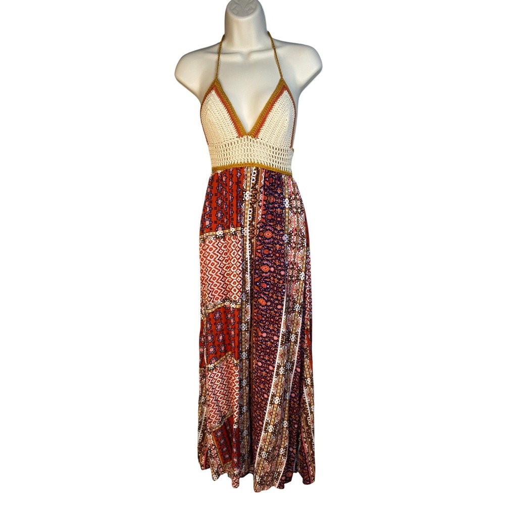 Boho Crochet Halter Maxi Dress in Cream and Rust